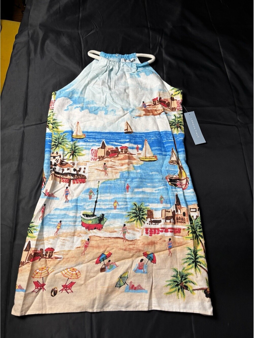 London Times Linen Blend Beach Print Halter Dress - New with